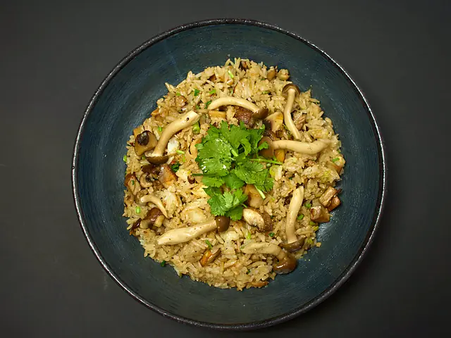 Fungitown: fried rice with mushrooms and coriander