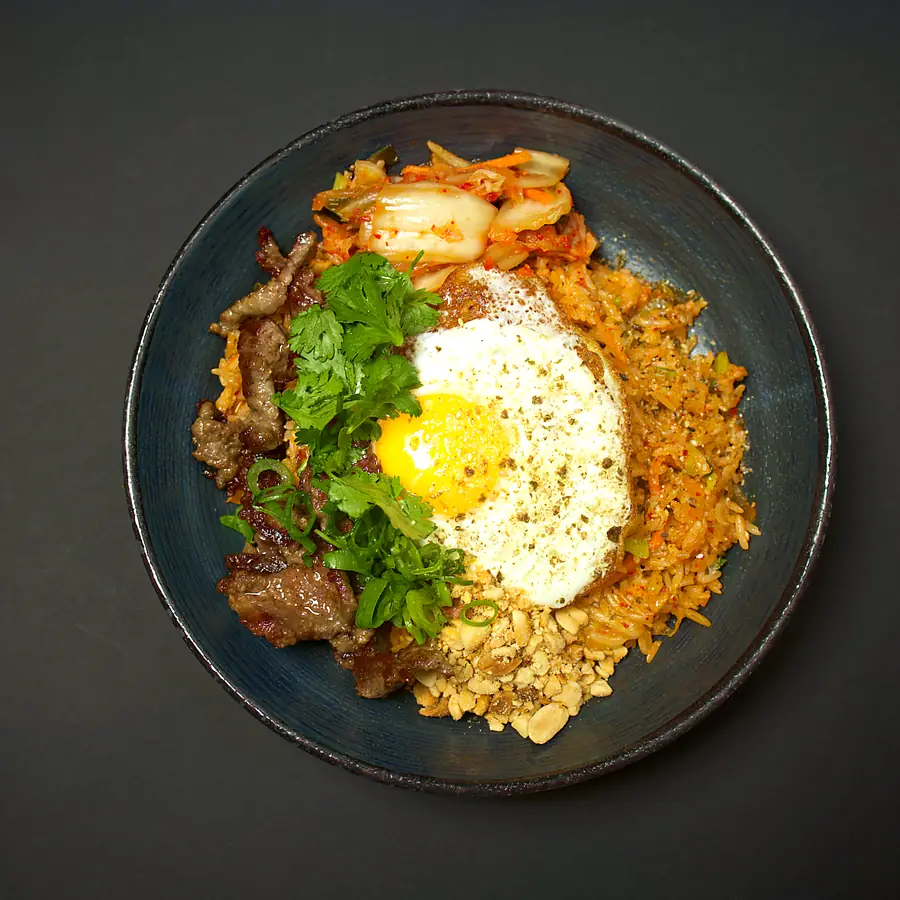 K-Rice: kimchi fried rice with beef, fried egg and coriander