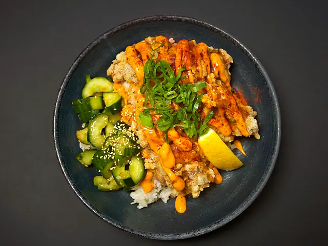 The Karaage Kid: crispy chicken on rice with cucumber salad and Sichuan mayo