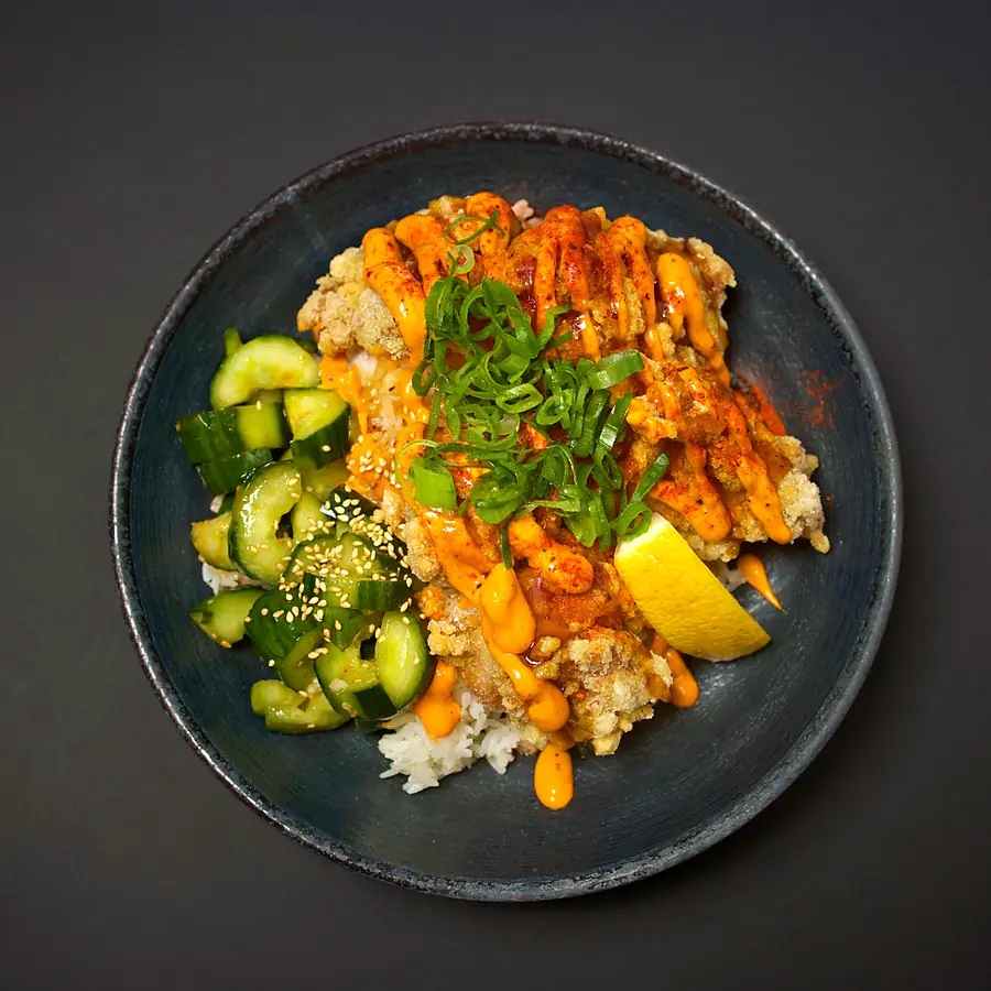 The Karaage Kid: crispy chicken on rice with cucumber salad and Sichuan mayo